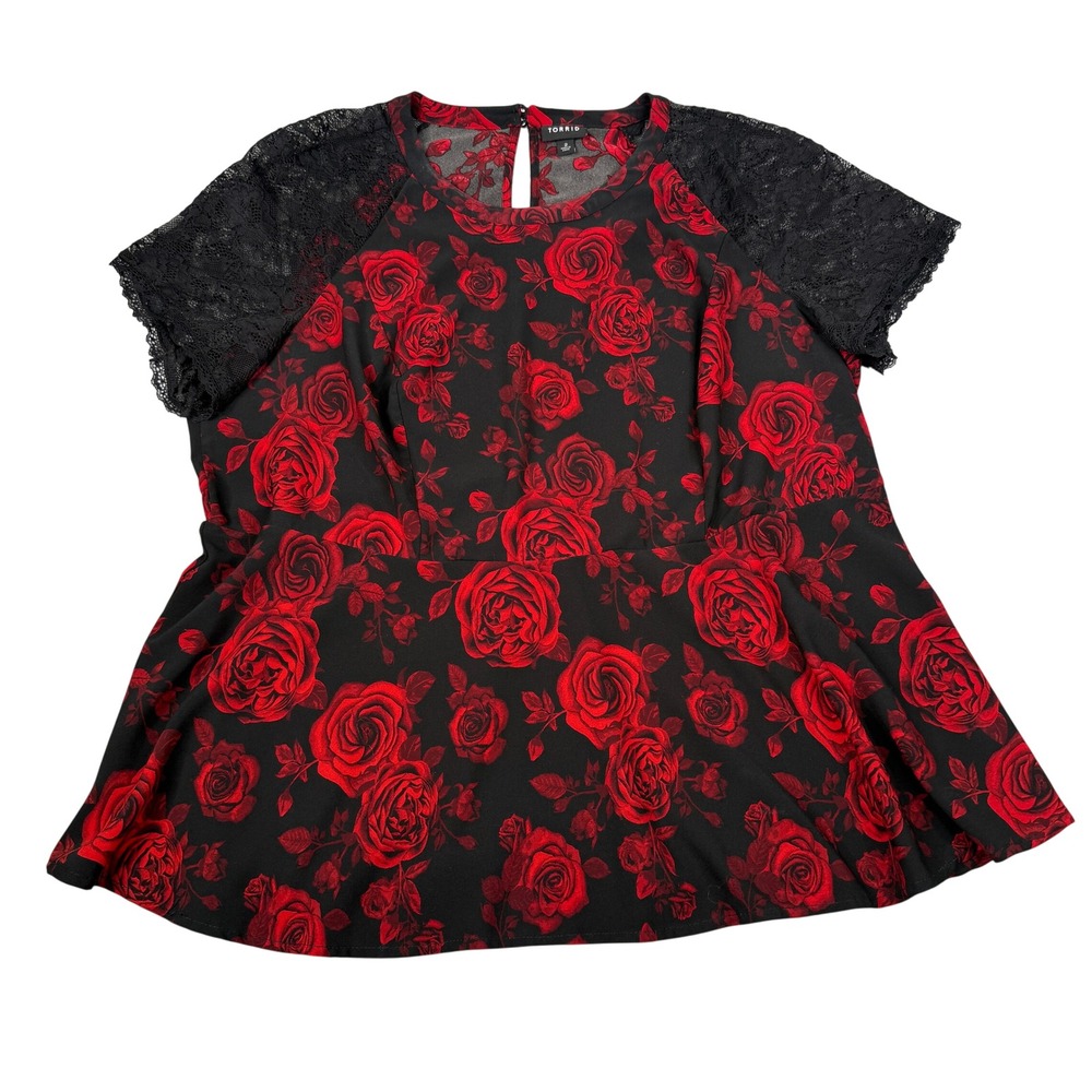 Torrid Blouse Womens 2 Plus 2X Red Rose Floral Black Lace Peplum Goth Romantic